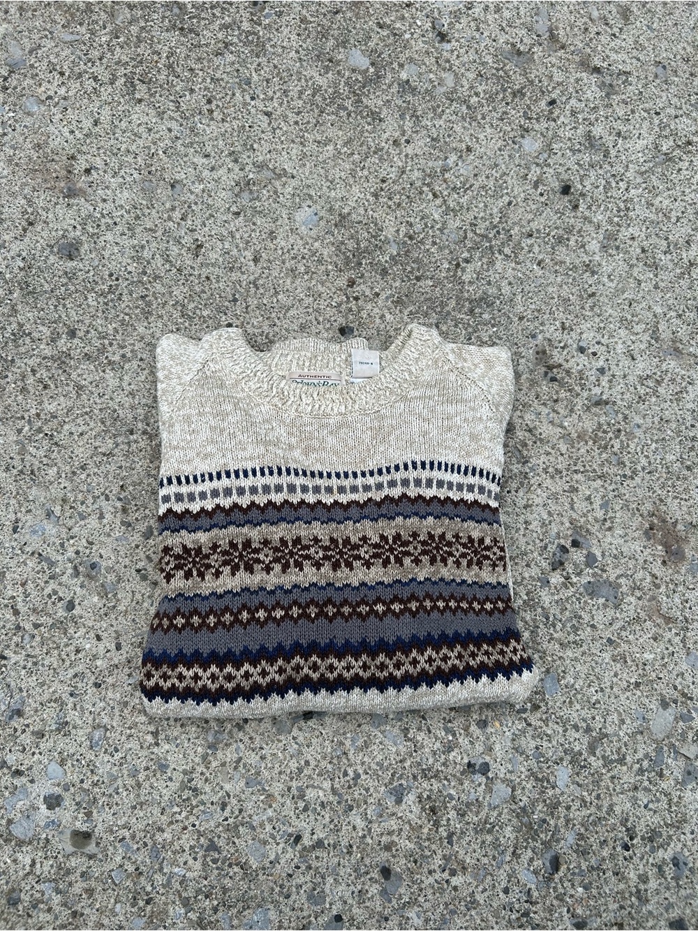St. John's Bay Cream Crewneck Sweater with Blue & Brown Fair Isle